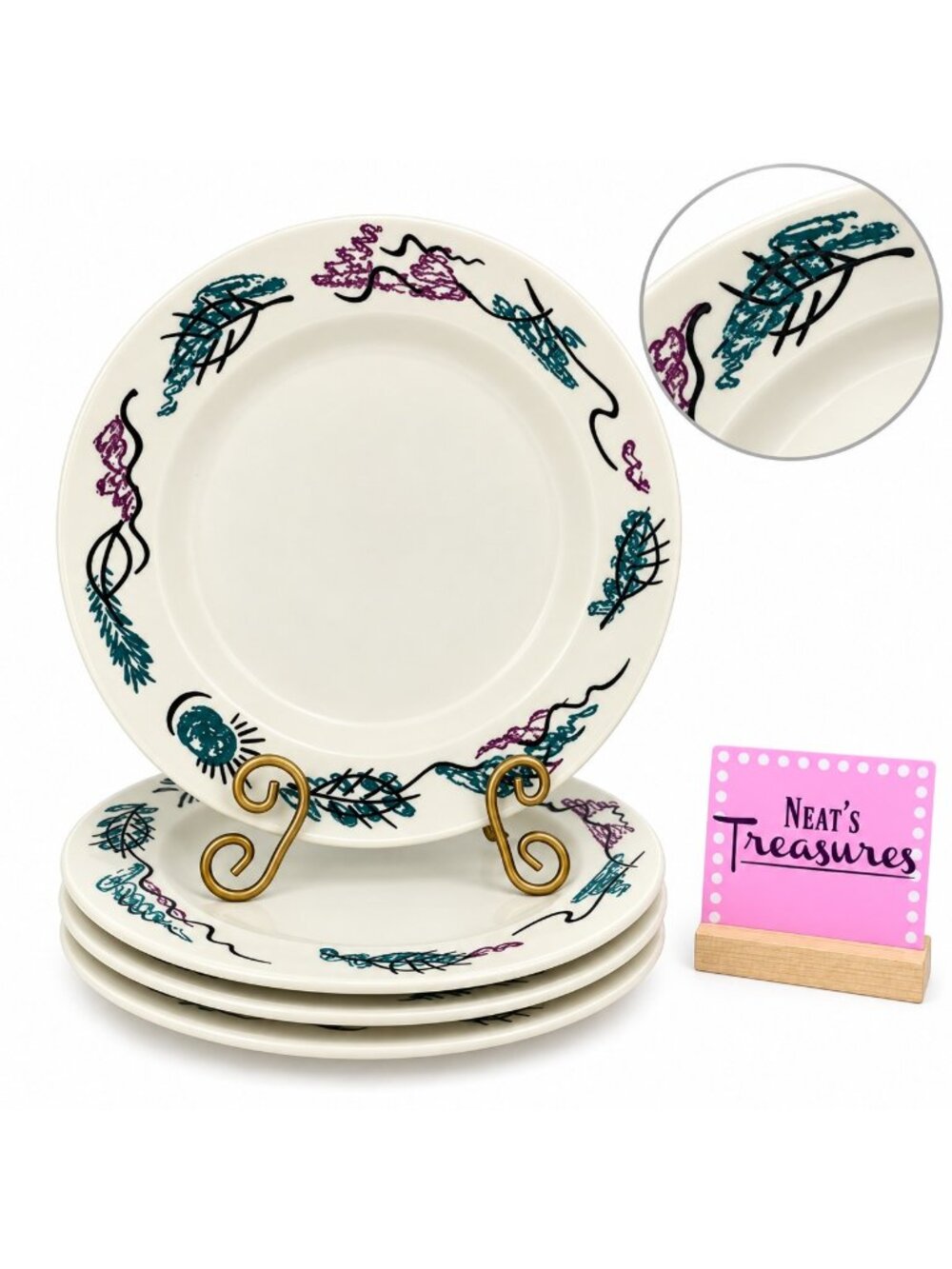 Retro Homer Laughlin WOODSTOCK Black Leave Restaurant Ware Dinner Plates Set 4
